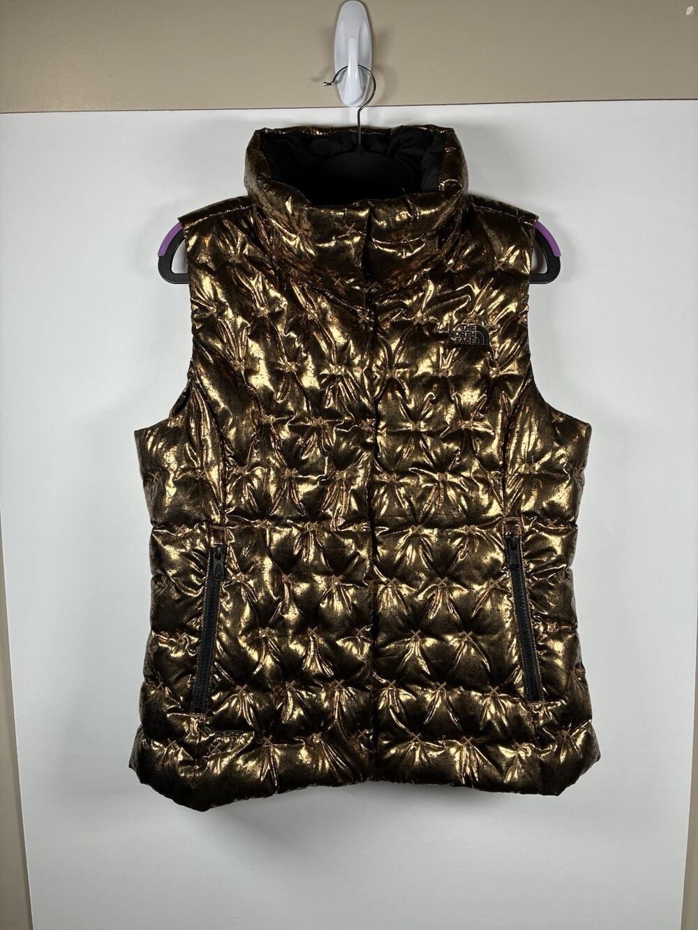 North Face Womens M Metallic Gold Bronze 550 Down Puffer Vest Snap Front Y2K